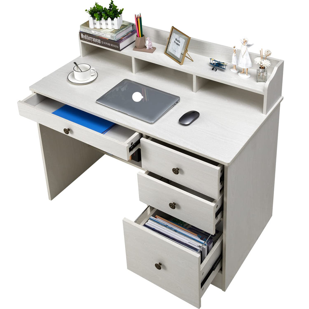 Oak White Computer Desk with 4 Drawers and Hutch Shelf X146