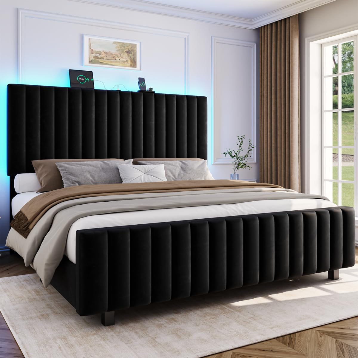 Queen Size Velvet Upholstered Platform Bed Frame with Adjustable Headboard L802947