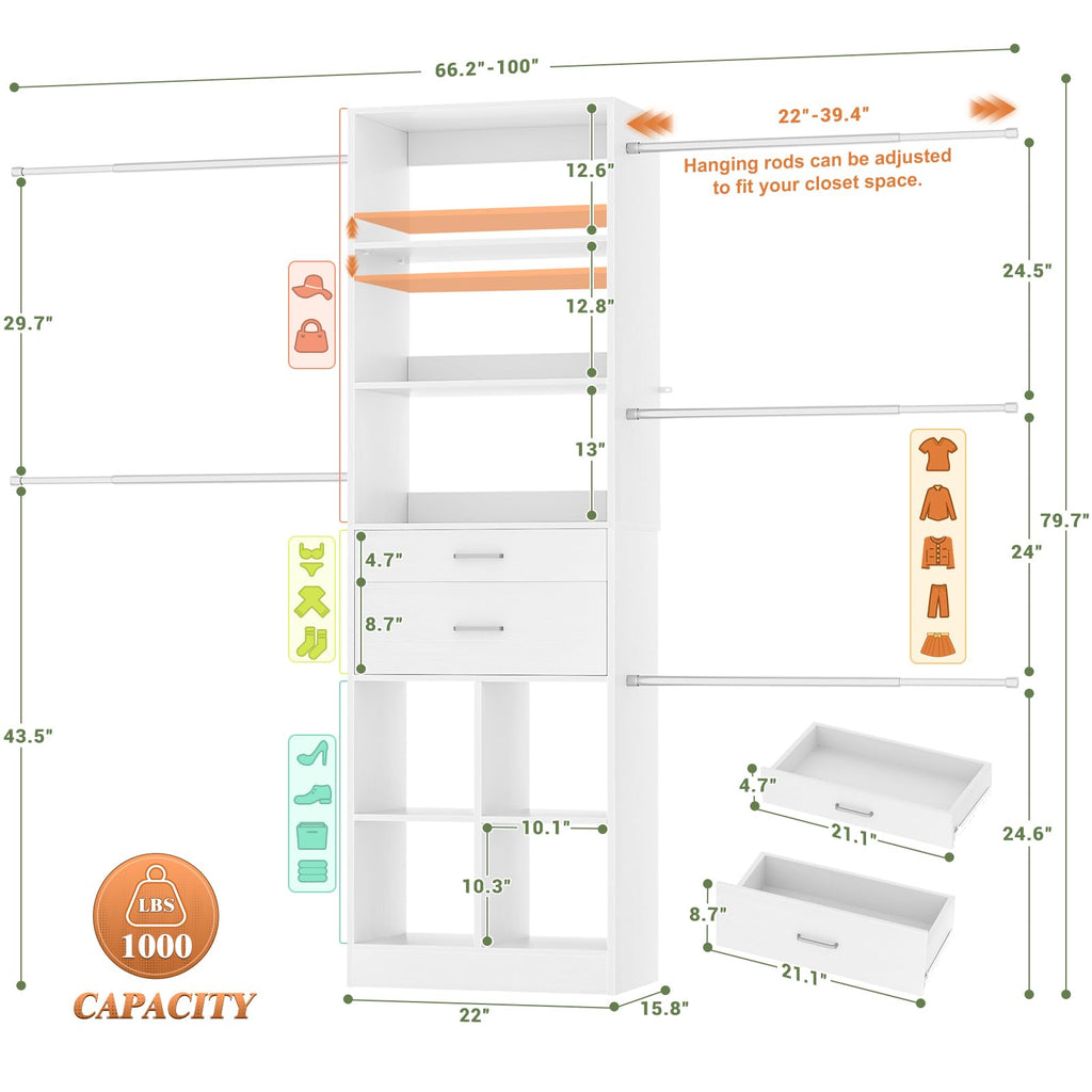 4-8 FT White Closet Organizer with 2 Drawers and 5 Hanging Rods C950486