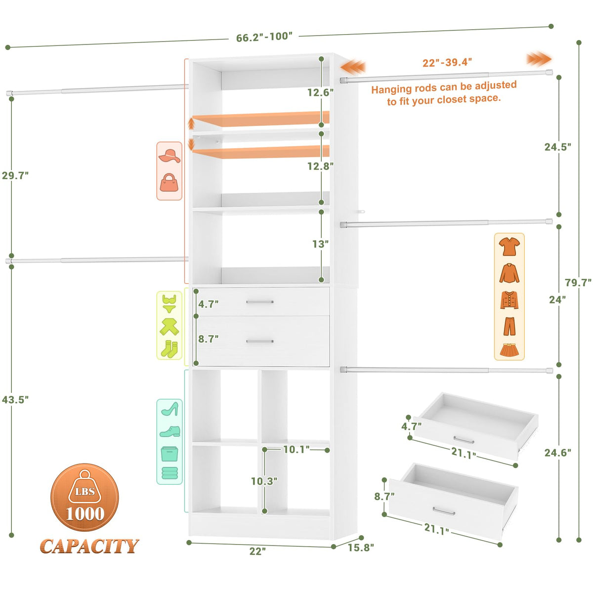 4-8 FT White Closet Organizer with 2 Drawers and 5 Hanging Rods C950486
