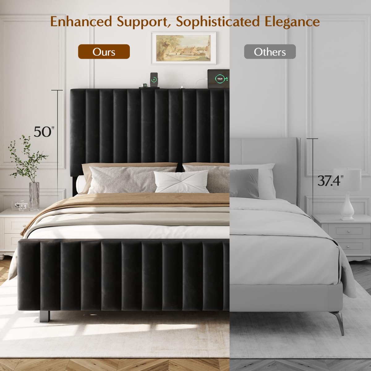 Queen Size Velvet Upholstered Platform Bed Frame with Adjustable Headboard L802947