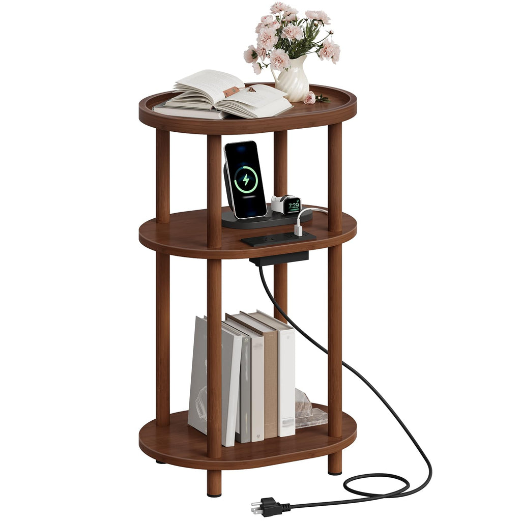 3-Tier Oval Bamboo Side Table with Charging Station L74039
