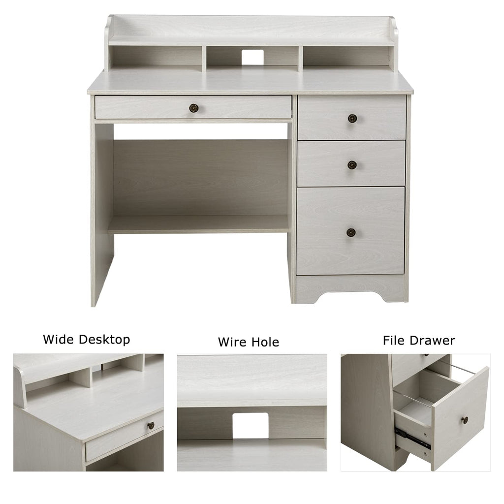 Oak White Computer Desk with 4 Drawers and Hutch Shelf X146