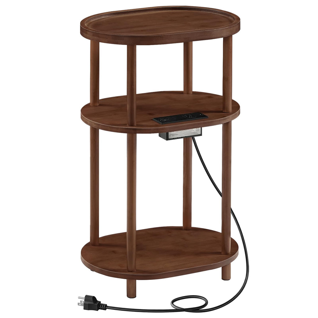 3-Tier Oval Bamboo Side Table with Charging Station L74039