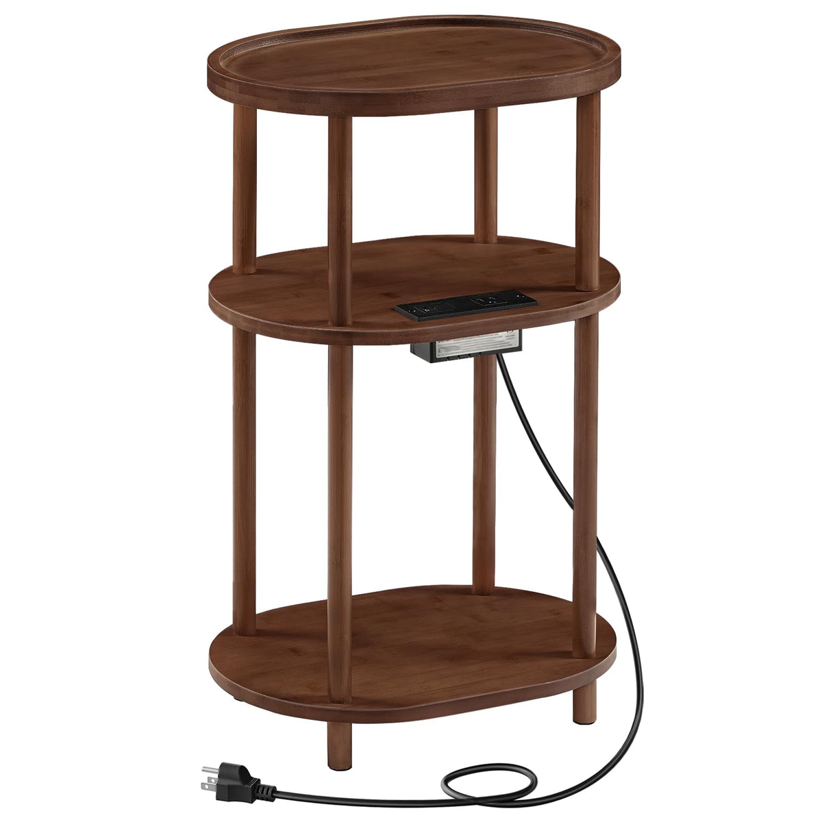 3-Tier Oval Bamboo Side Table with Charging Station L74039