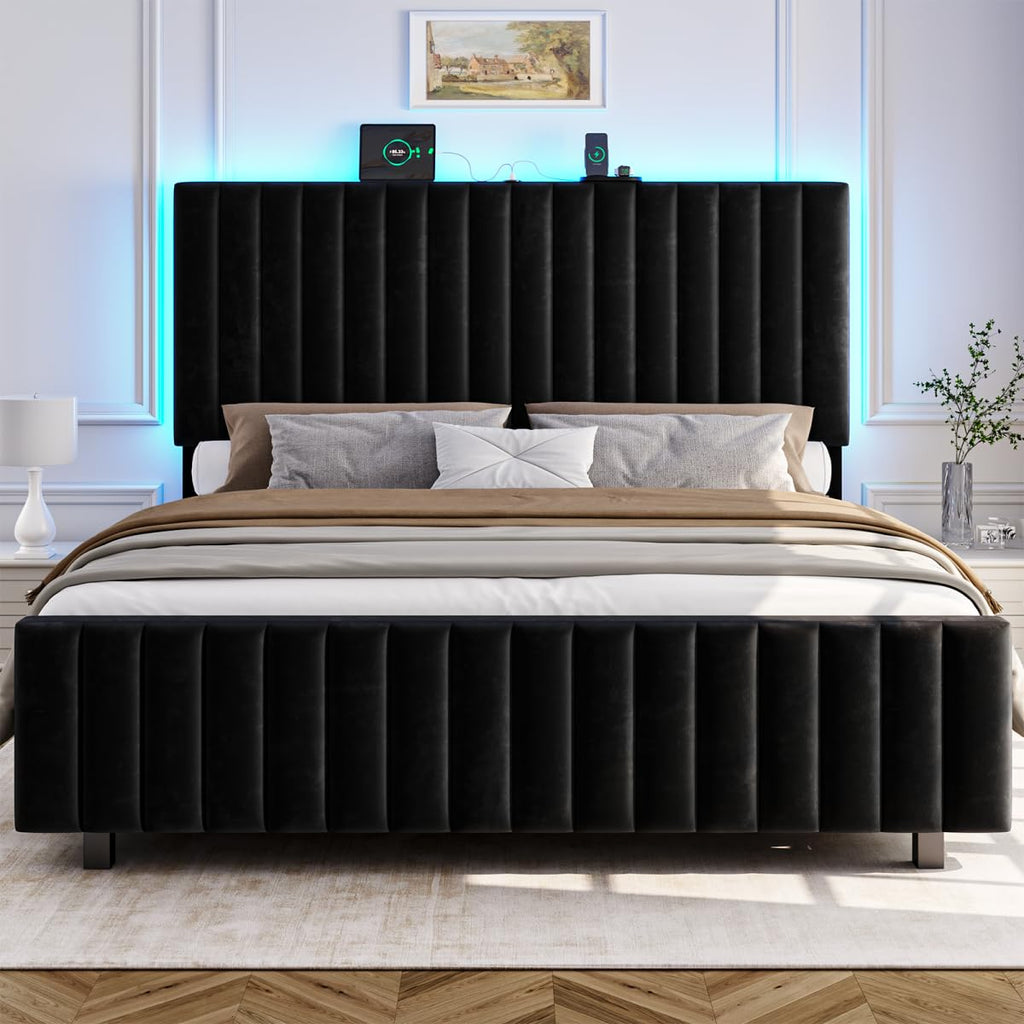 Queen Size Velvet Upholstered Platform Bed Frame with Adjustable Headboard L802947