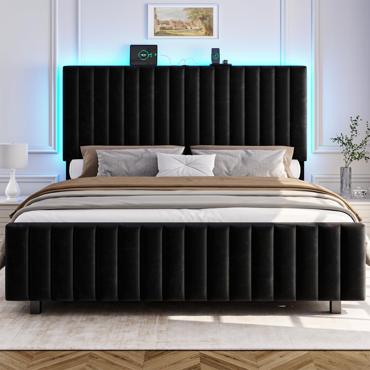 Queen Size Velvet Upholstered Platform Bed Frame with Adjustable Headboard L802947