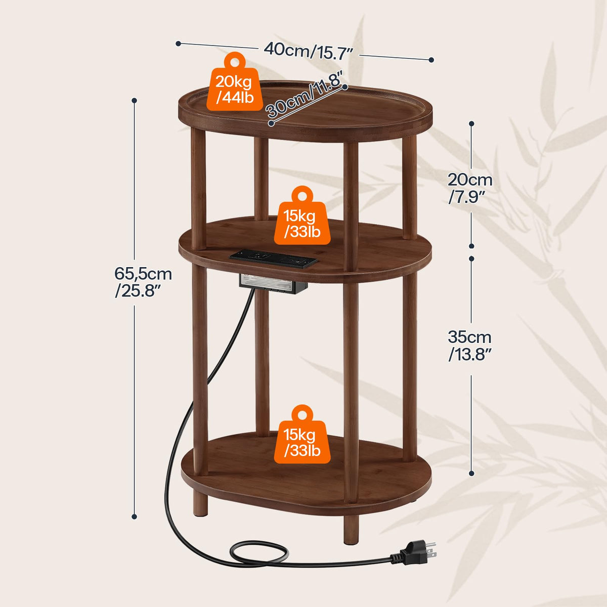 3-Tier Oval Bamboo Side Table with Charging Station L74039
