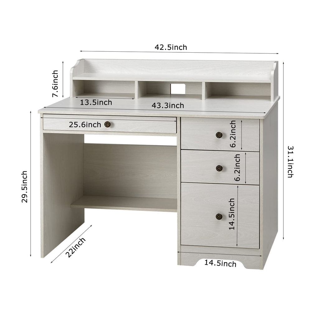 Oak White Computer Desk with 4 Drawers and Hutch Shelf X146
