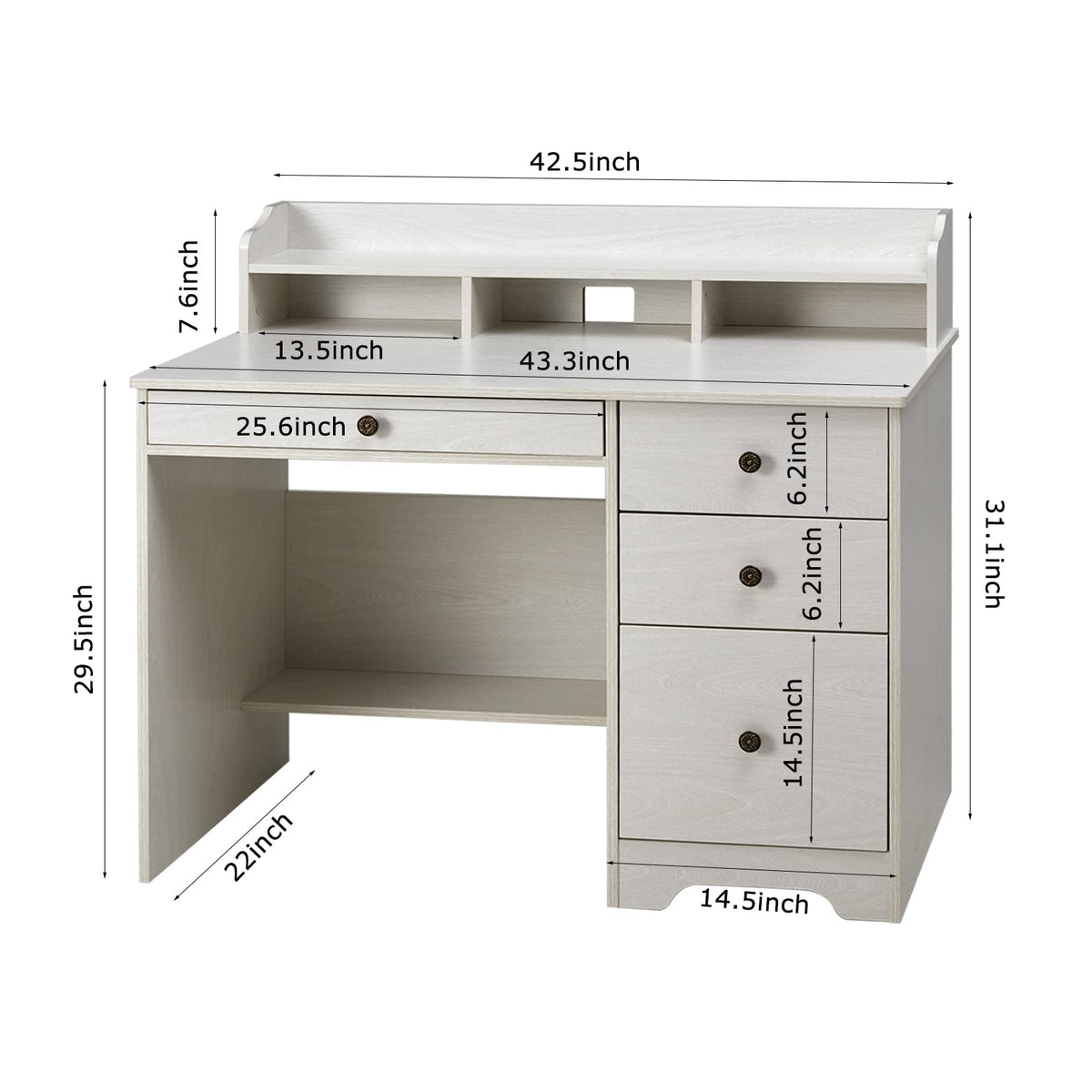 Oak White Computer Desk with 4 Drawers and Hutch Shelf X146