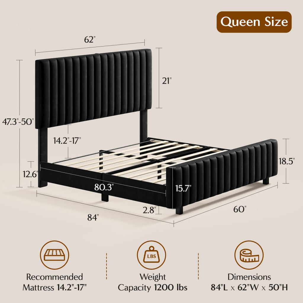 Queen Size Velvet Upholstered Platform Bed Frame with Adjustable Headboard L802947