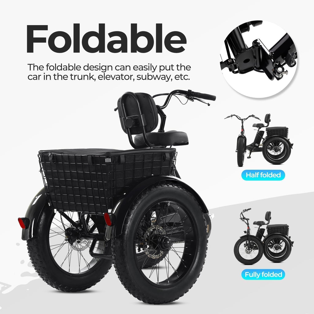 Folding Electric Tricycle for Adults, 20"x4" Fat Tire, Peak 500W 36V13Ah U1674