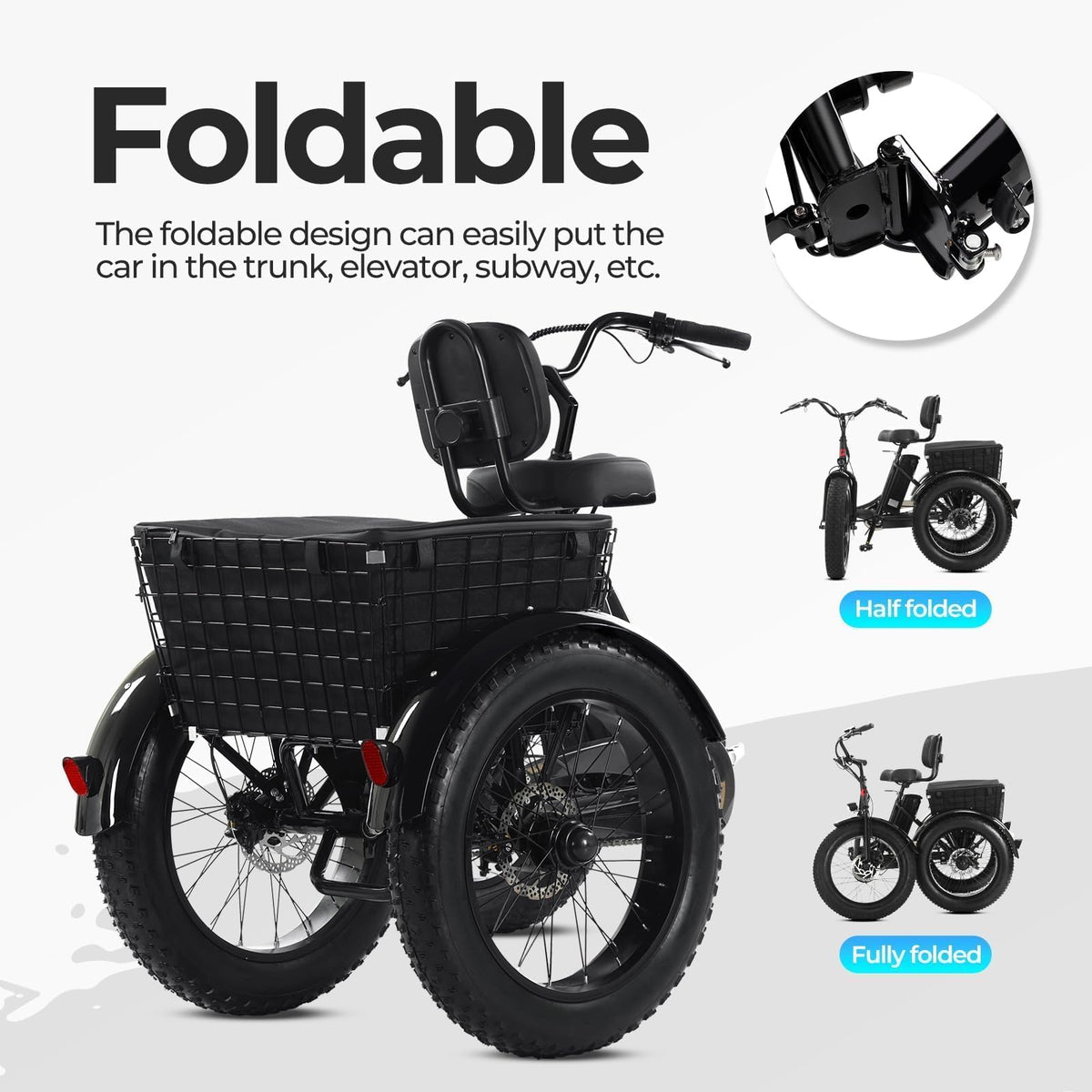 Folding Electric Tricycle for Adults, 20"x4" Fat Tire, Peak 500W 36V13Ah U1674