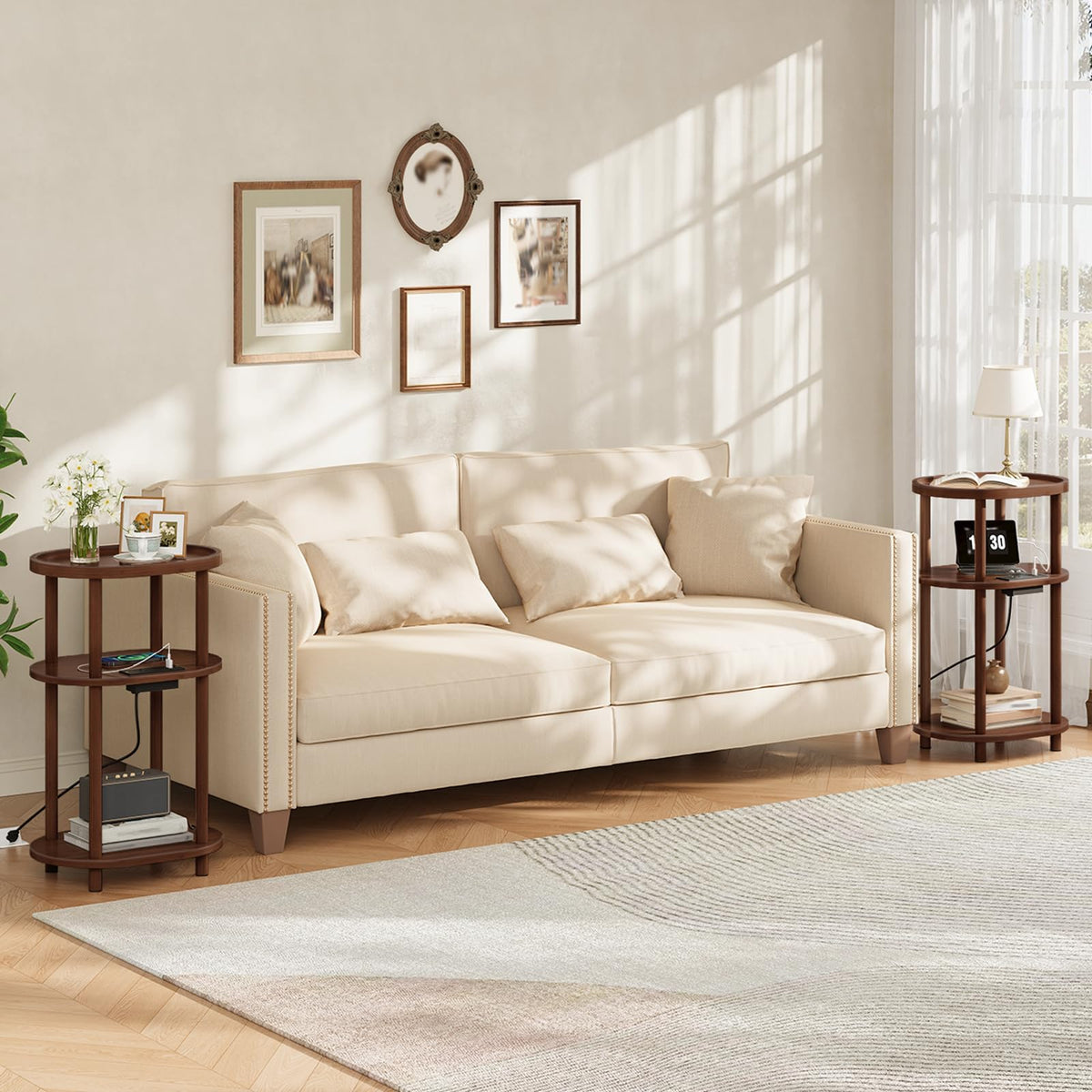 3-Tier Oval Bamboo Side Table with Charging Station L74039