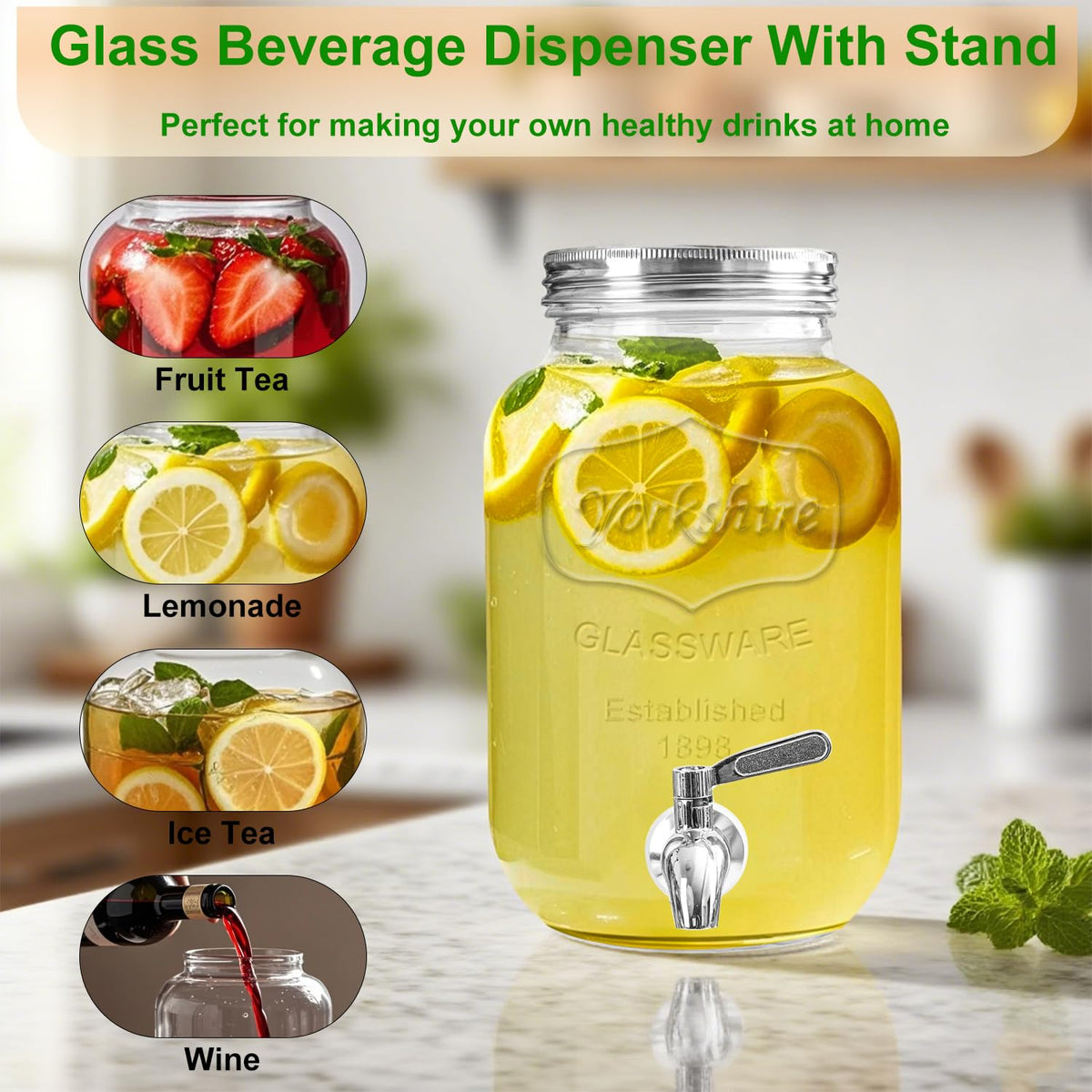 1 Gallon Glass Drink Dispenser with Stand and Spigot, 2 Pack C647