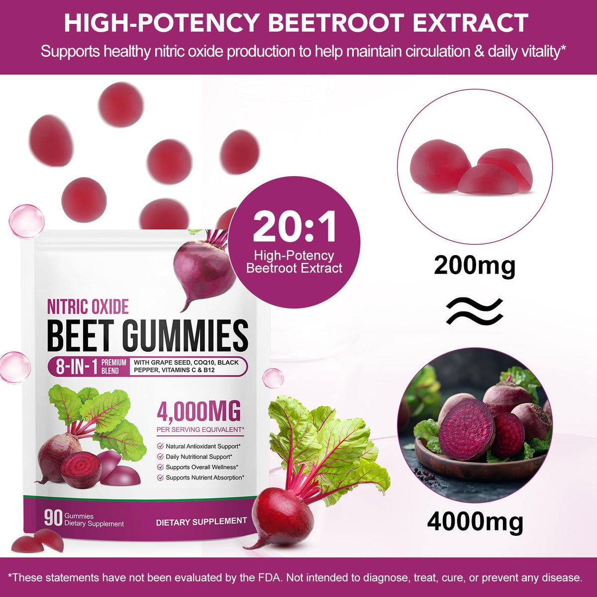 Beetroot Gummies 90 Gummies Beetroot Extract Supplement with COQ10 Vitamin C B12 Grape Seed Extract H72678