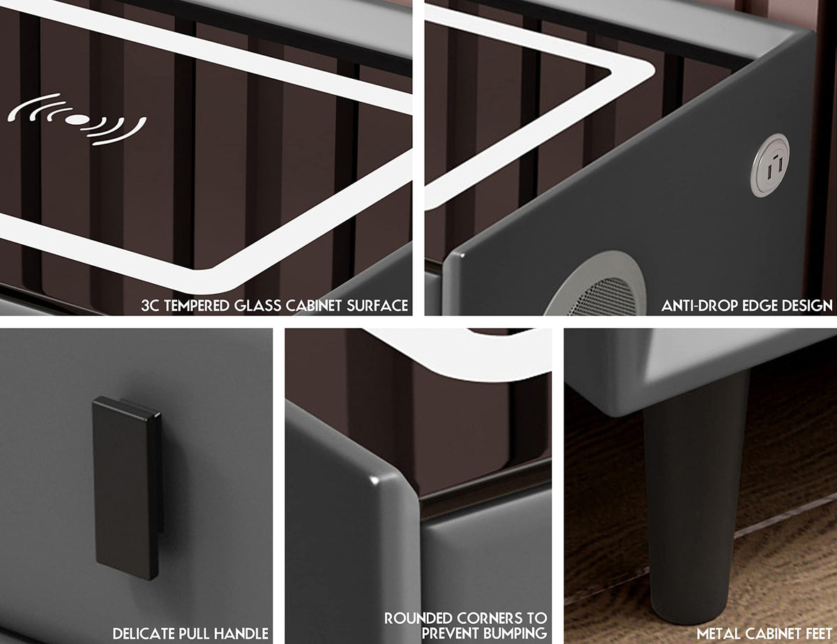 Grey Three Drawers Nightstand with Fingerprint Lock and Wireless Charging U35795