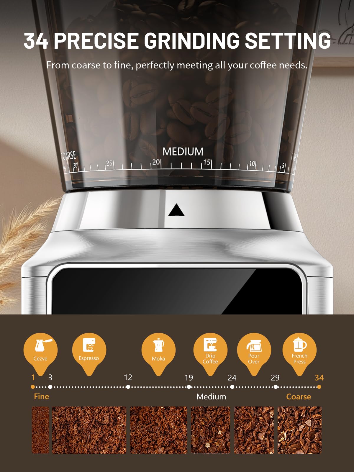Conical Burr Coffee Grinder with Touch Screen 34 Grind T51188