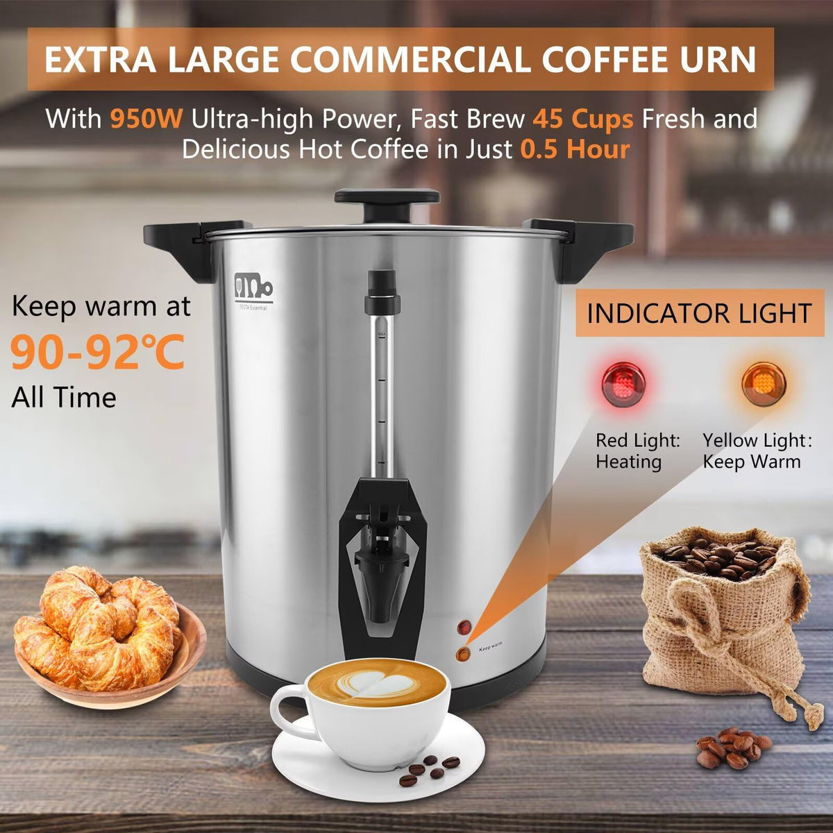 45 Cup 8L Commercial Coffee Urn 950W Hot Beverage Dispenser with Double Faucet F42583