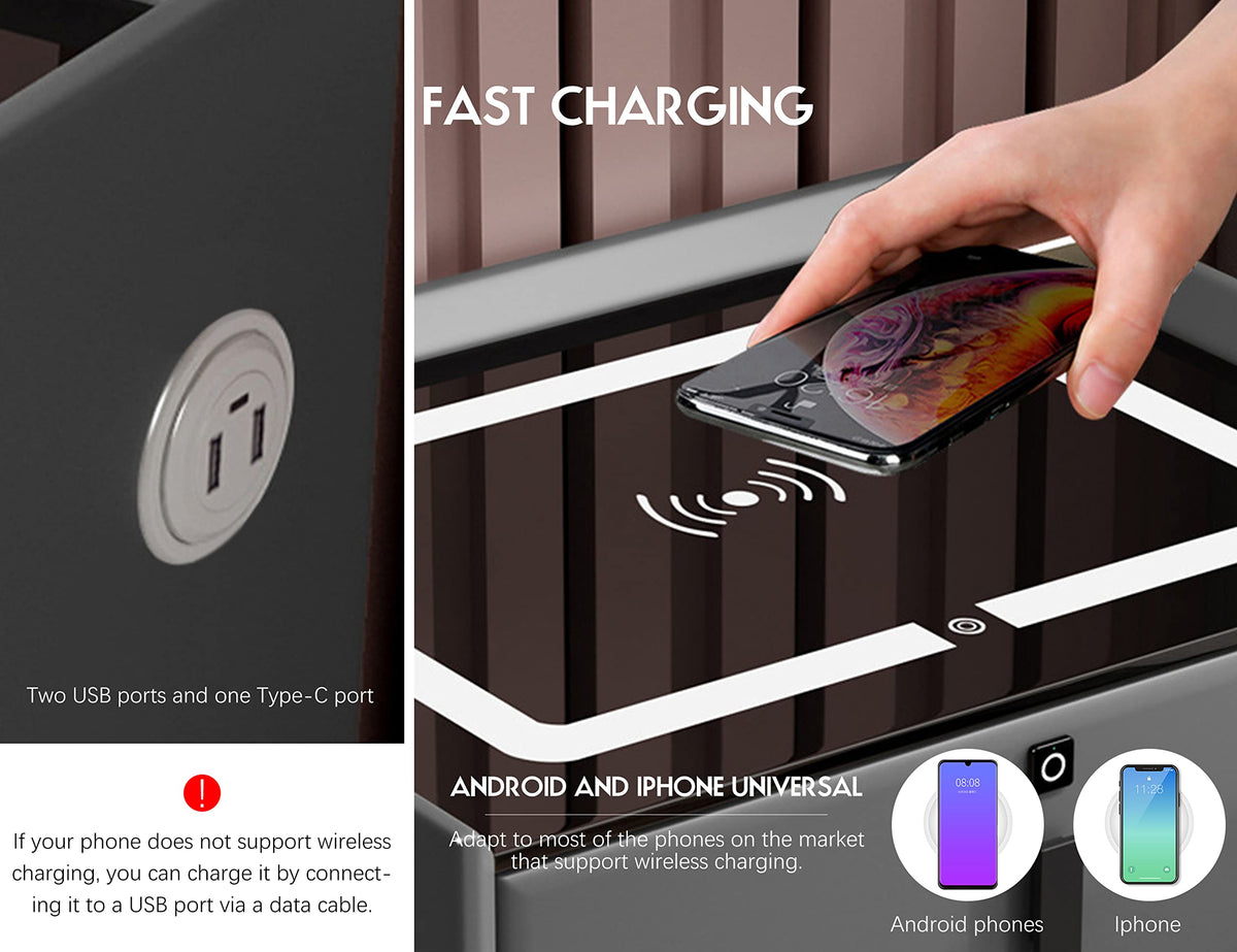 Grey Three Drawers Nightstand with Fingerprint Lock and Wireless Charging U35795