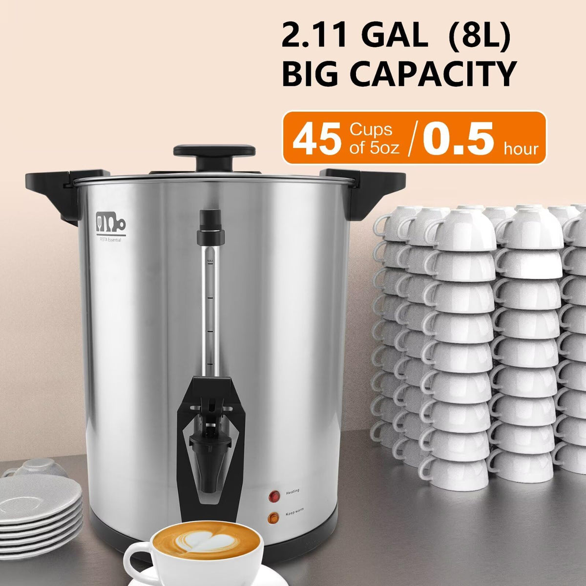 45 Cup 8L Commercial Coffee Urn 950W Hot Beverage Dispenser with Double Faucet F42583