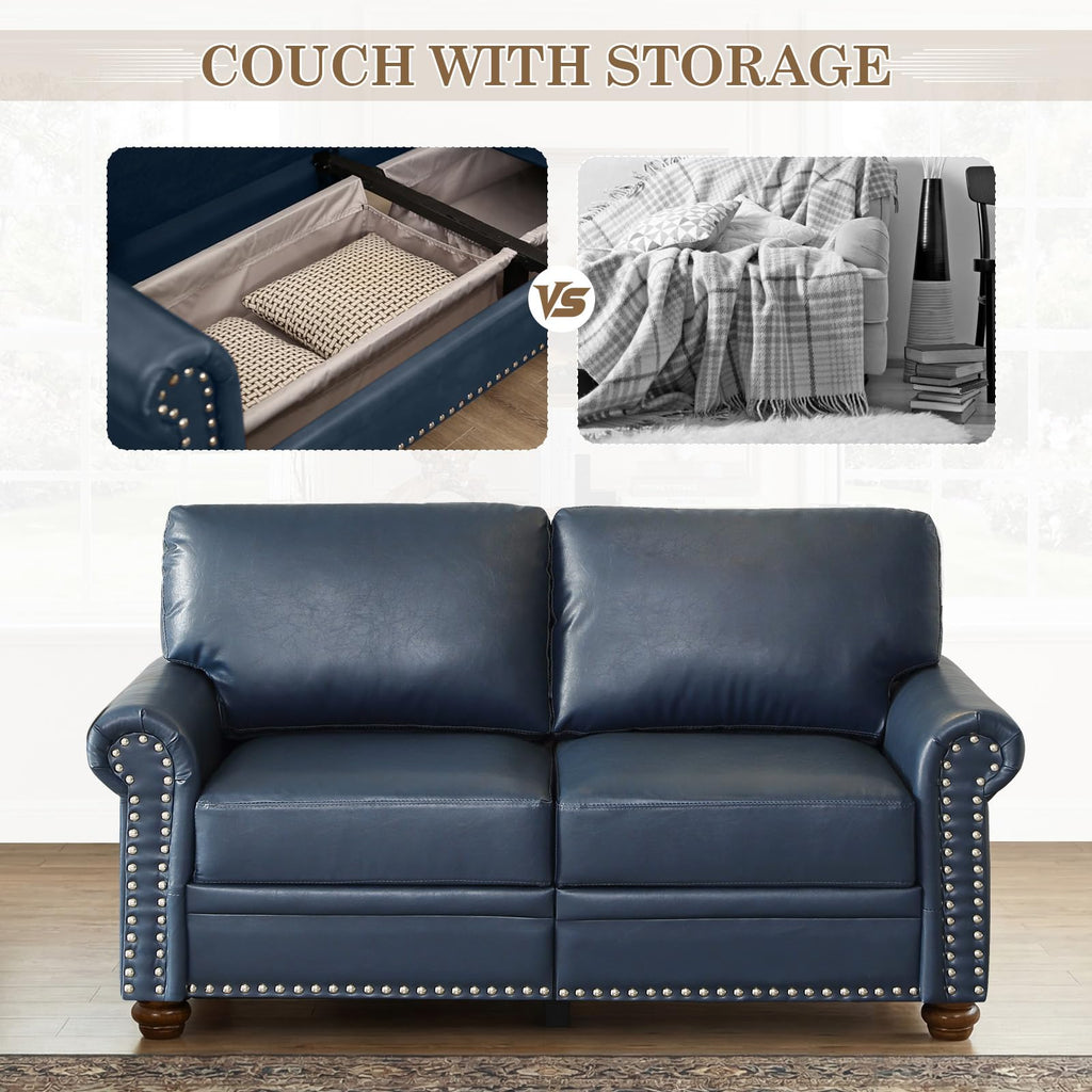 Navy Blue Faux Leather 2 Seater Sofa with Nailhead Trim G54167