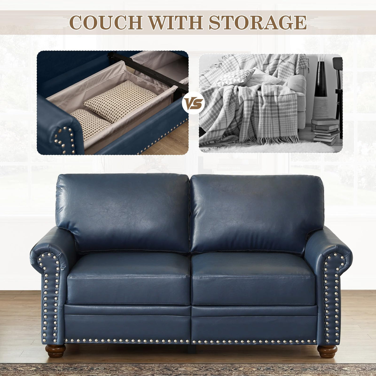 Navy Blue Faux Leather 2 Seater Sofa with Nailhead Trim G54167