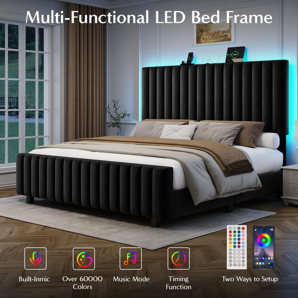 Queen Size Velvet Upholstered Platform Bed Frame with Adjustable Headboard L802947