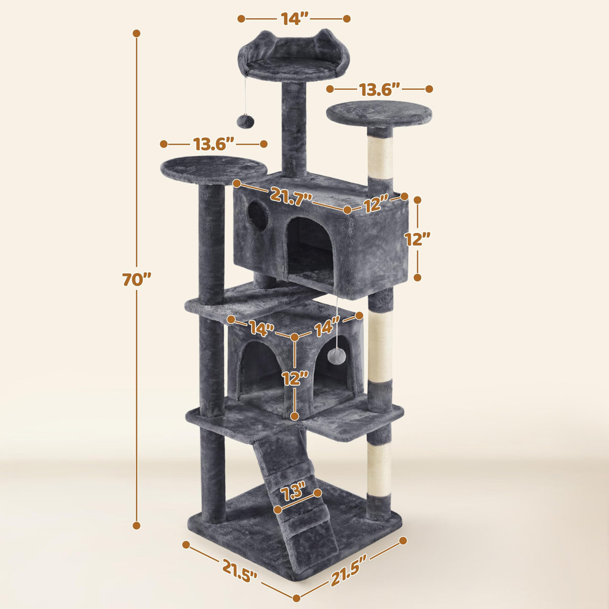 70in Multi-Level Cat Tree with Sisal Scratching Posts B672404