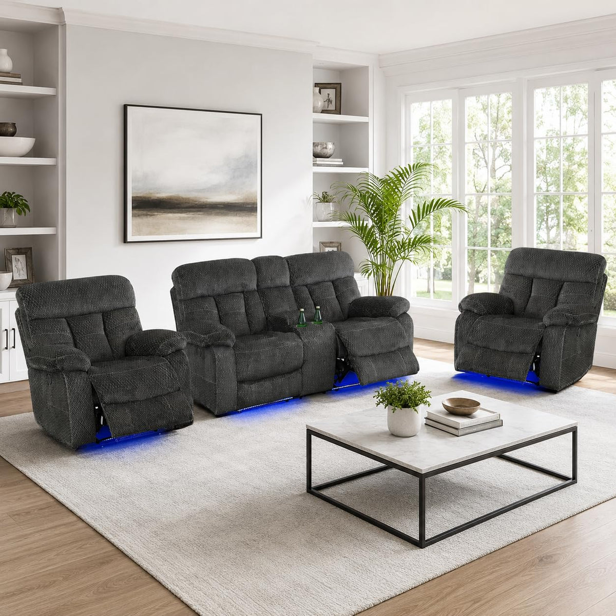 Gray Wool 3 Piece Power Reclining Sofa Set with USB Ports and LED Lights S3277