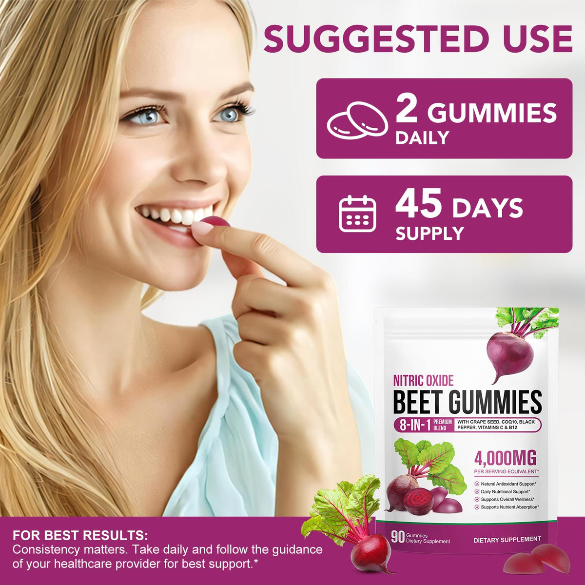Beetroot Gummies 90 Gummies Beetroot Extract Supplement with COQ10 Vitamin C B12 Grape Seed Extract H72678