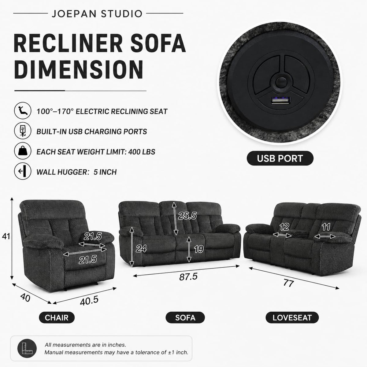 Gray Wool 3 Piece Power Reclining Sofa Set with USB Ports and LED Lights S3277