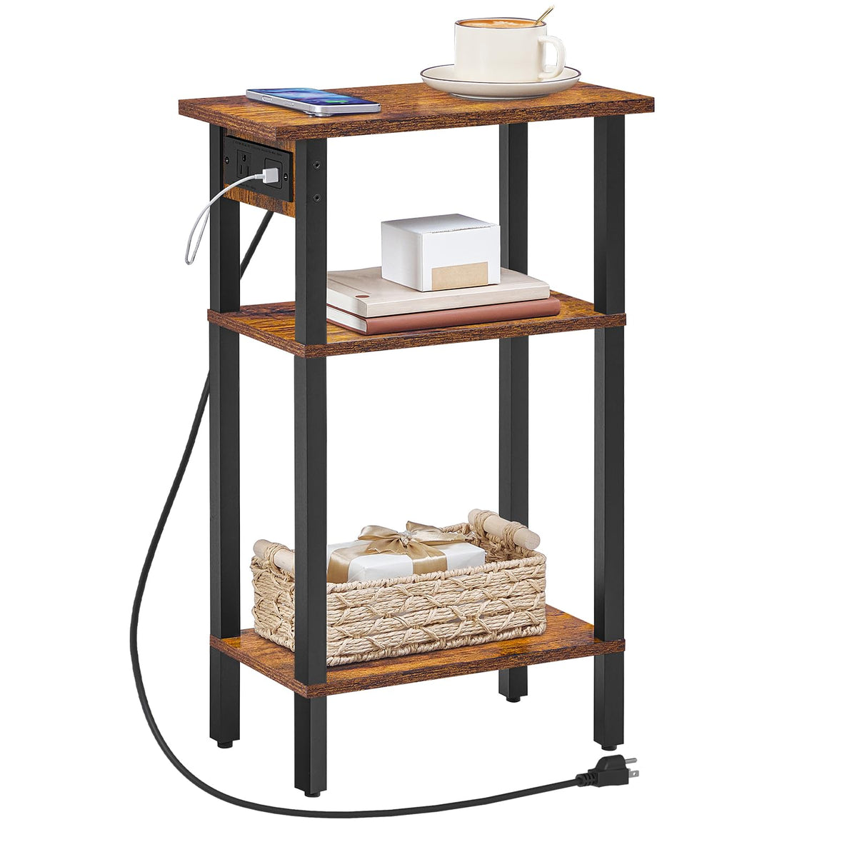 Narrow 3-Tier Side Table with Charging Station X288270