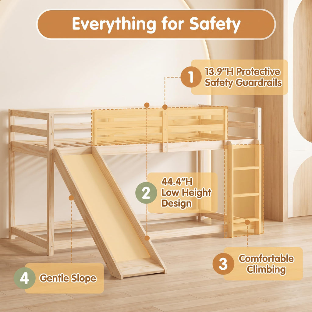 Twin Over Twin Solid Wood Bunk Bed with Slide and Ladder I79467