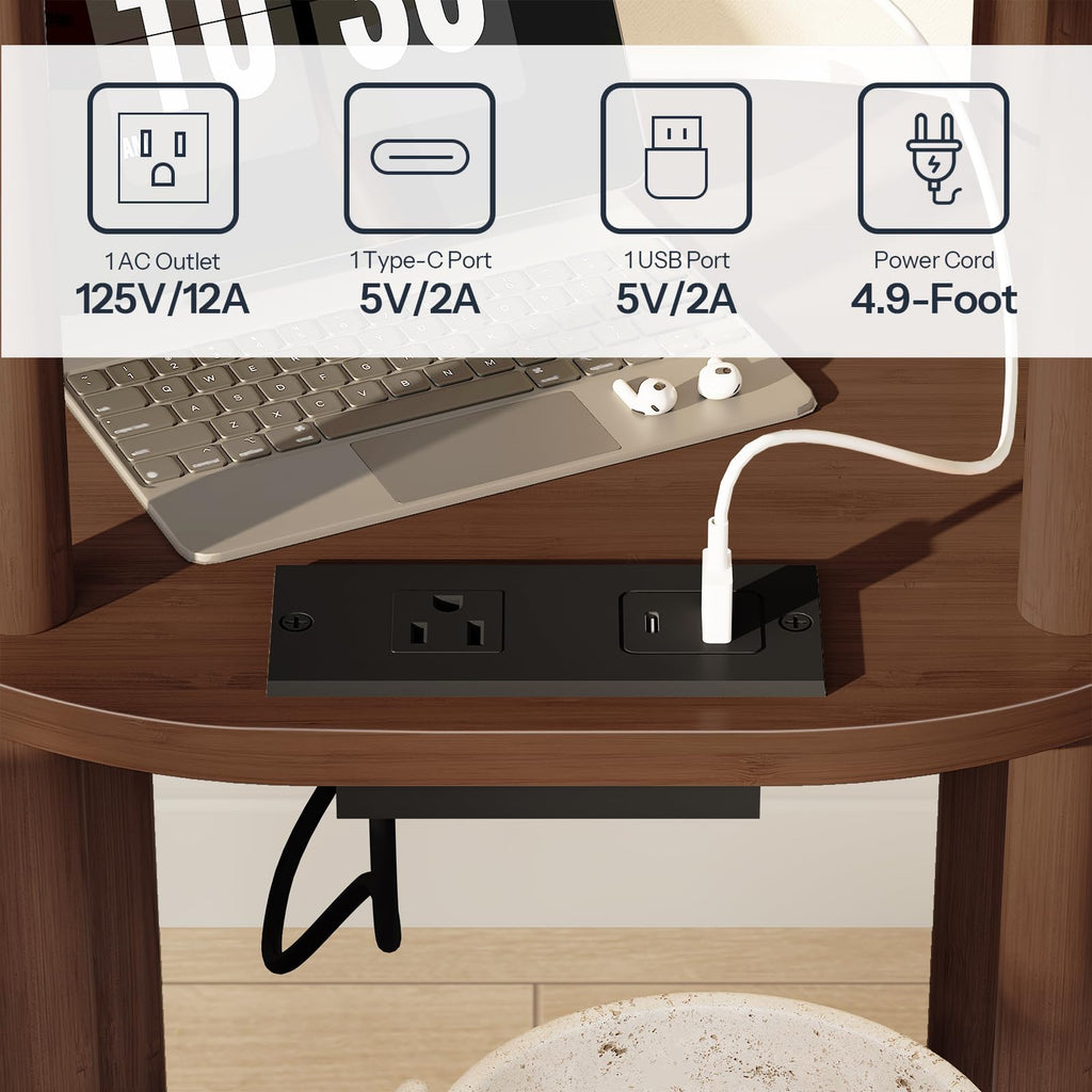 3-Tier Oval Bamboo Side Table with Charging Station L74039