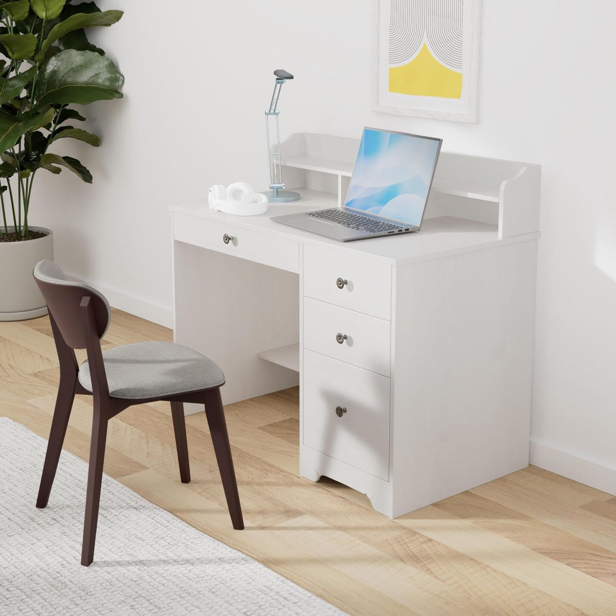 Oak White Computer Desk with 4 Drawers and Hutch Shelf X146