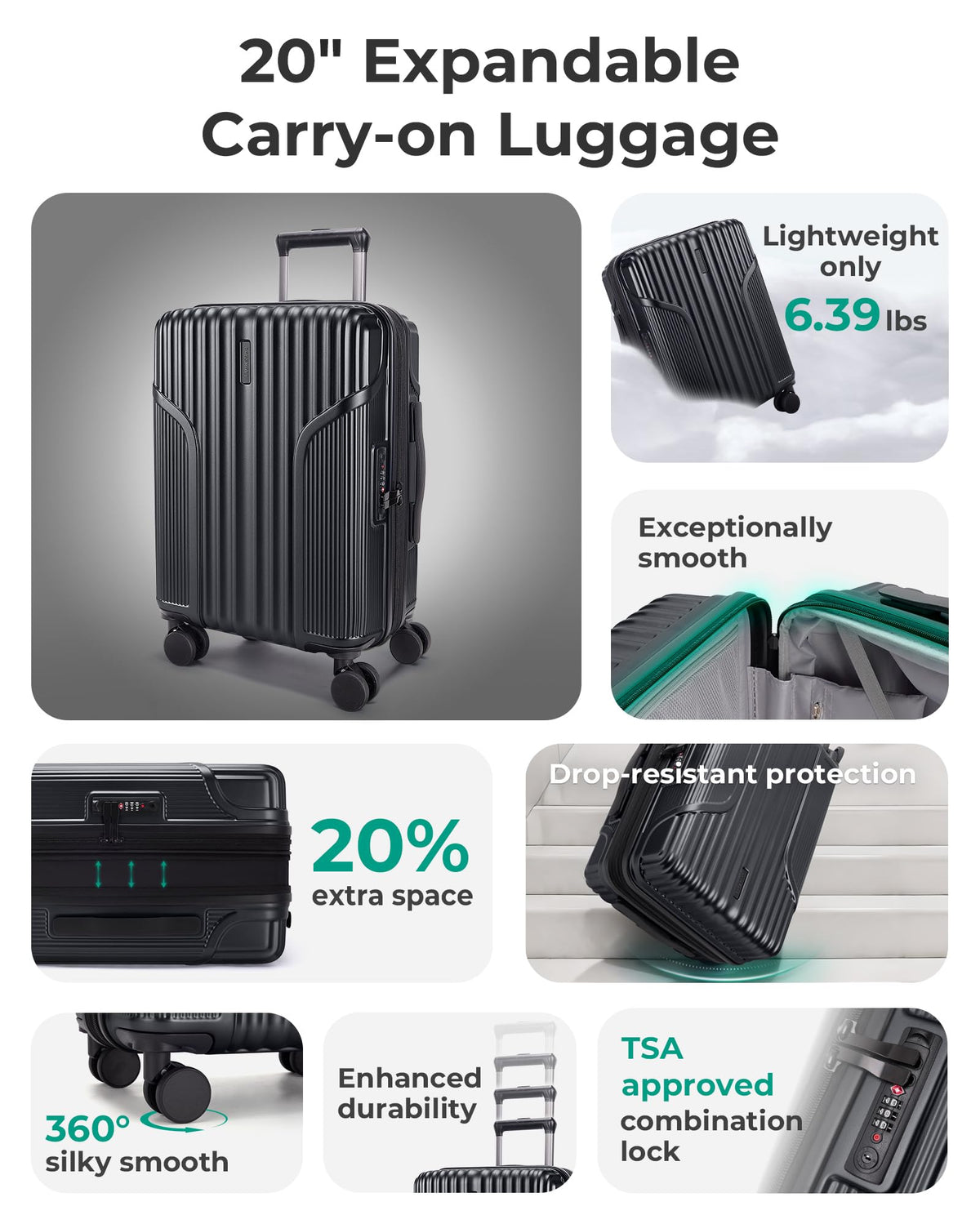 Carry On Luggage with Wheels, Black T192740