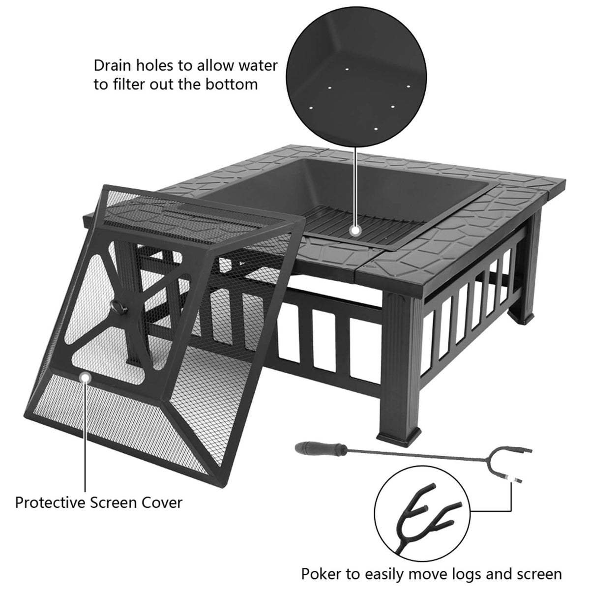 32" Wood Burning Metal Fire Pit with Poker Z450