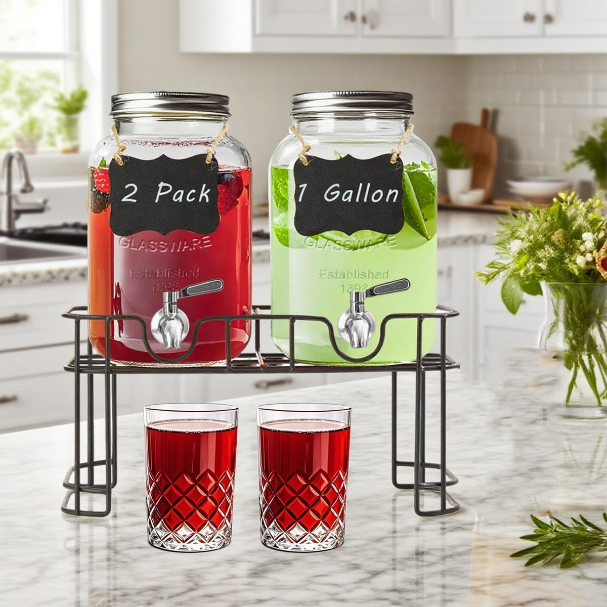 1 Gallon Glass Drink Dispenser with Stand and Spigot, 2 Pack C647