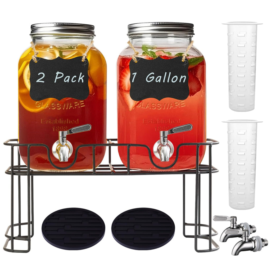 1 Gallon Glass Drink Dispenser with Stand and Spigot, 2 Pack C647