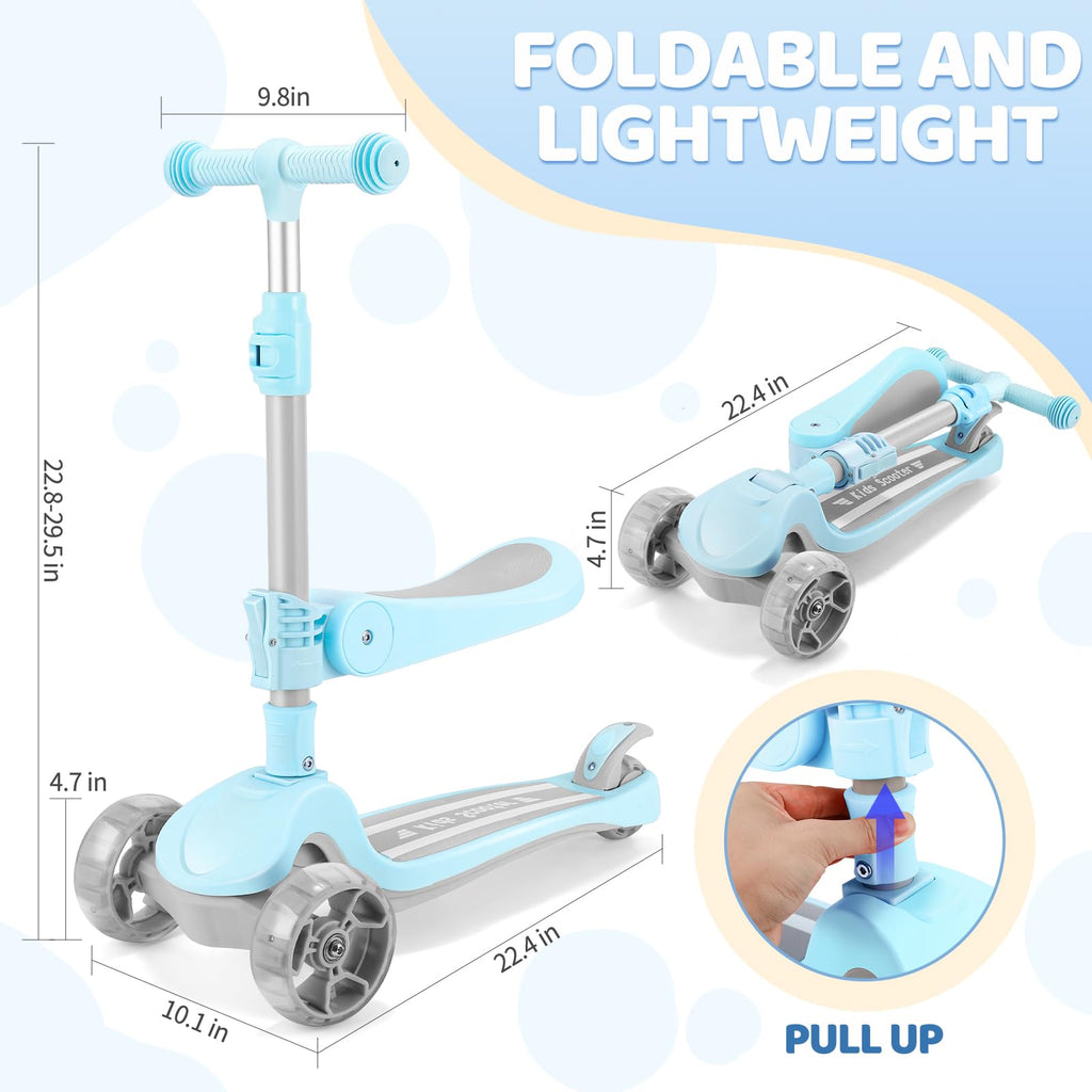2 in 1 Kids Scooter with Seat, LED Light-Up Wheels, 4 Adjustable Heights D887