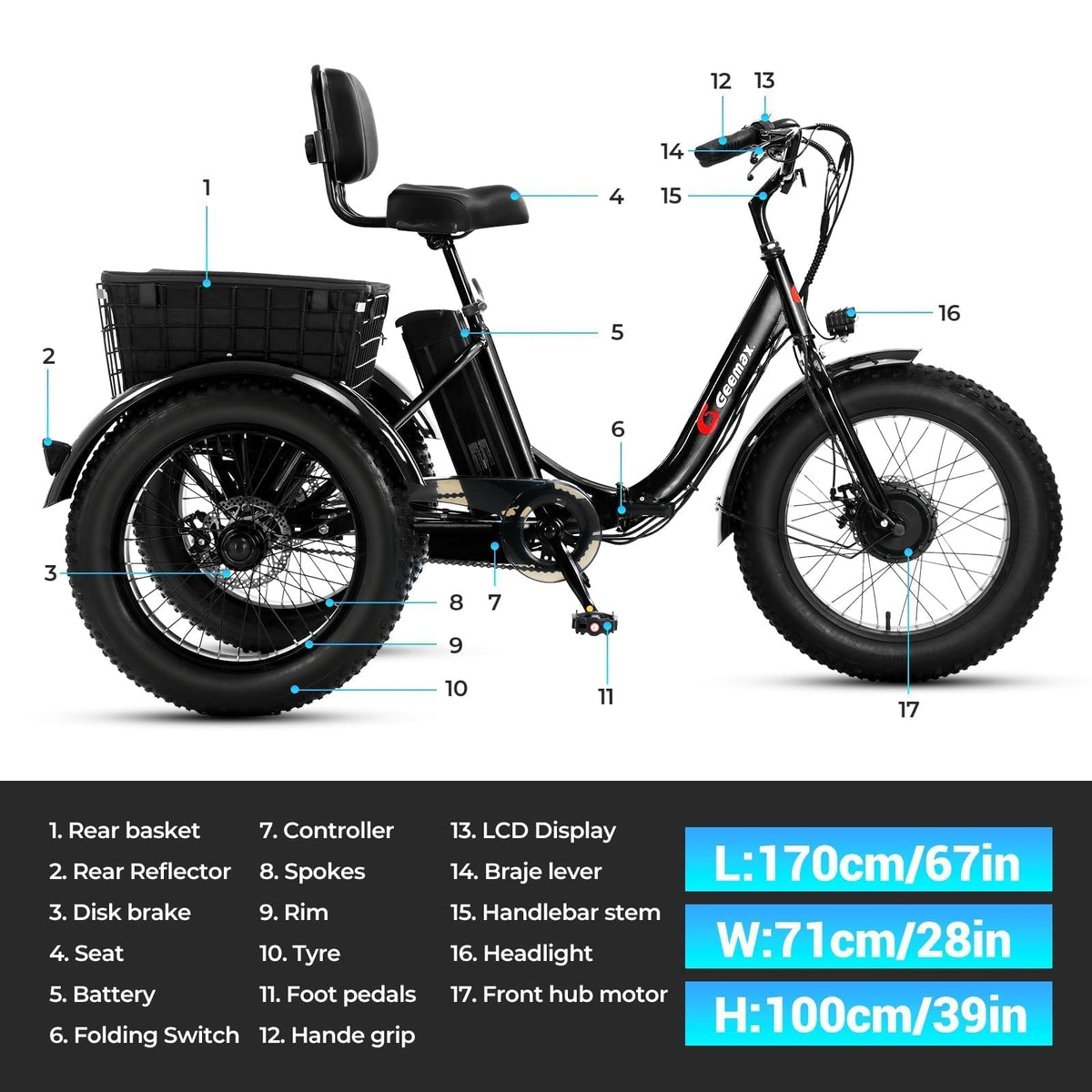 Folding Electric Tricycle for Adults, 20"x4" Fat Tire, Peak 500W 36V13Ah U1674