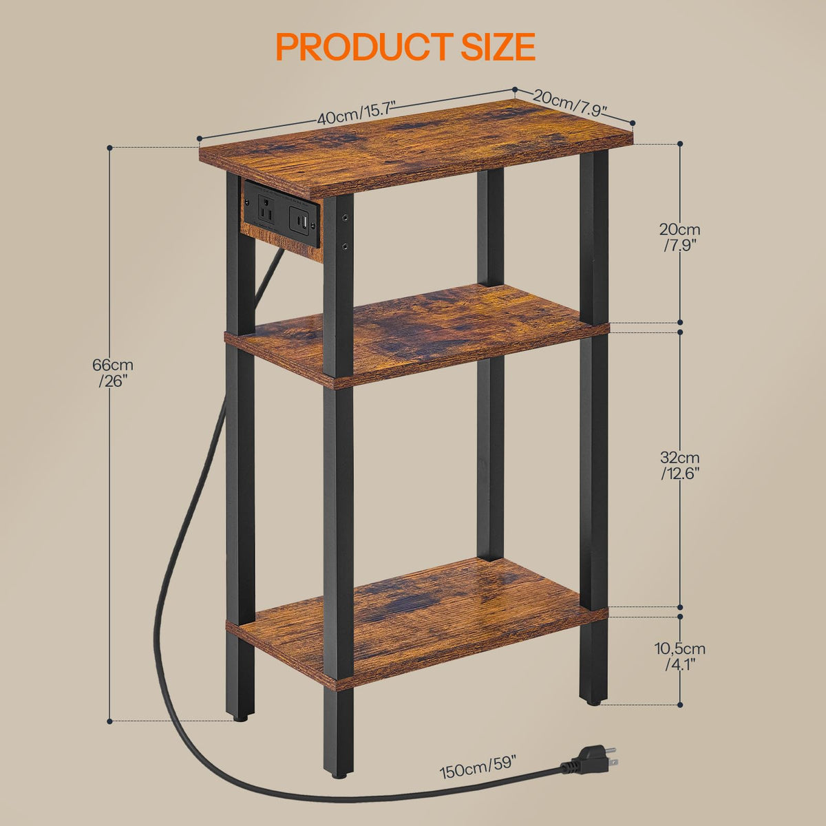 Narrow 3-Tier Side Table with Charging Station X288270