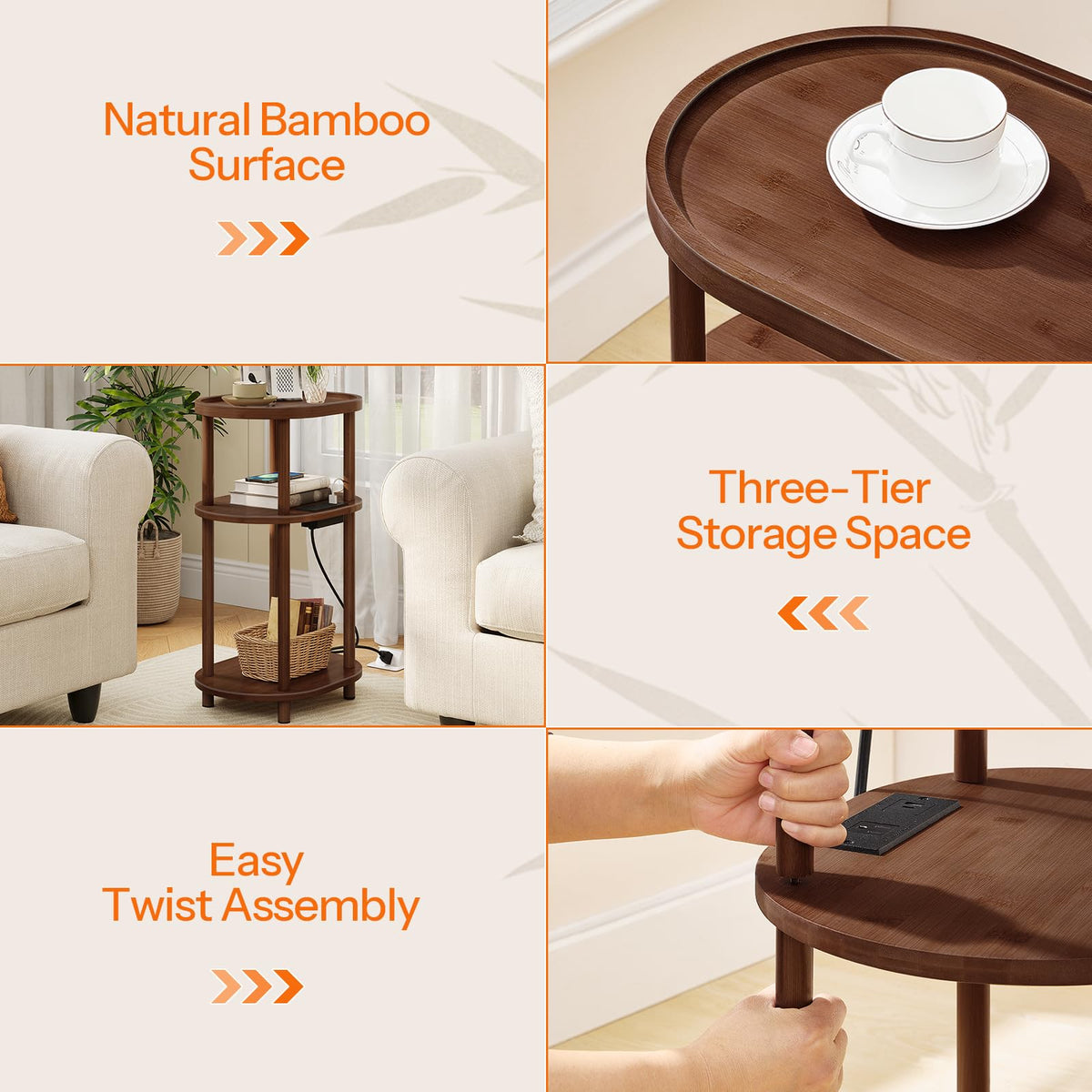 3-Tier Oval Bamboo Side Table with Charging Station L74039