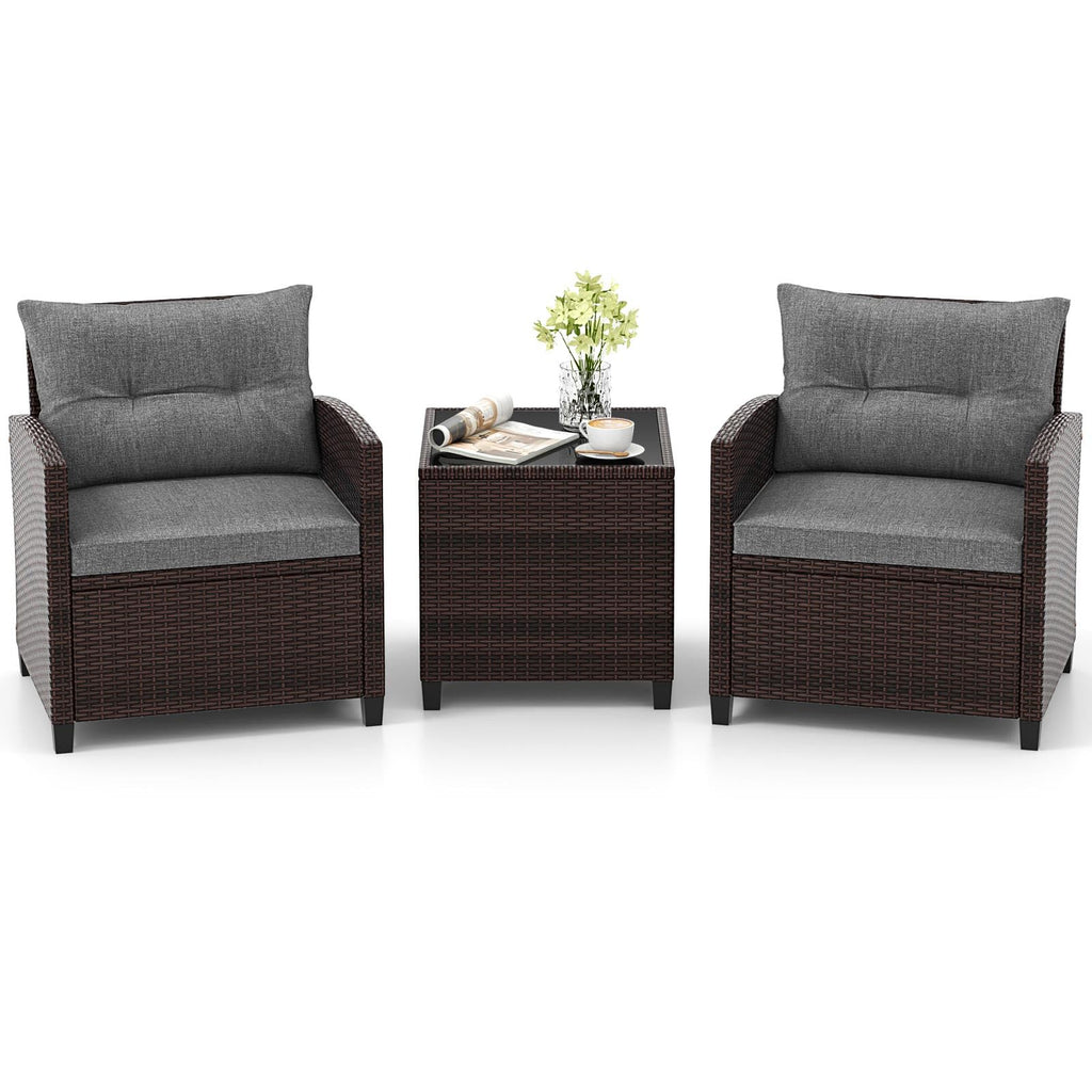 3 Pieces PE Rattan Wicker Outdoor Sofa Set with Cushion and Tempered Glass Tabletop U4938