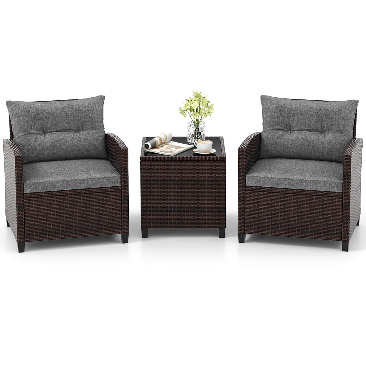 3 Pieces PE Rattan Wicker Outdoor Sofa Set with Cushion and Tempered Glass Tabletop U4938