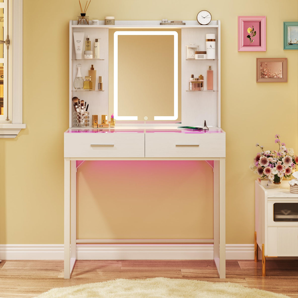 White Vanity Desk with Mirror and LED Lights S492919