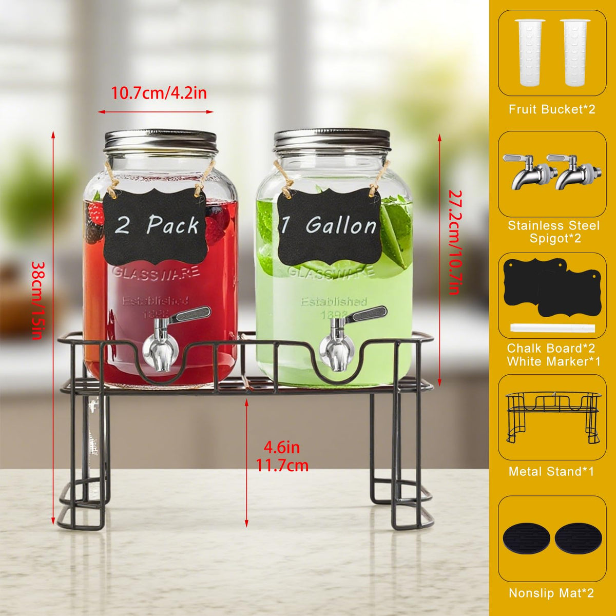 1 Gallon Glass Drink Dispenser with Stand and Spigot, 2 Pack C647