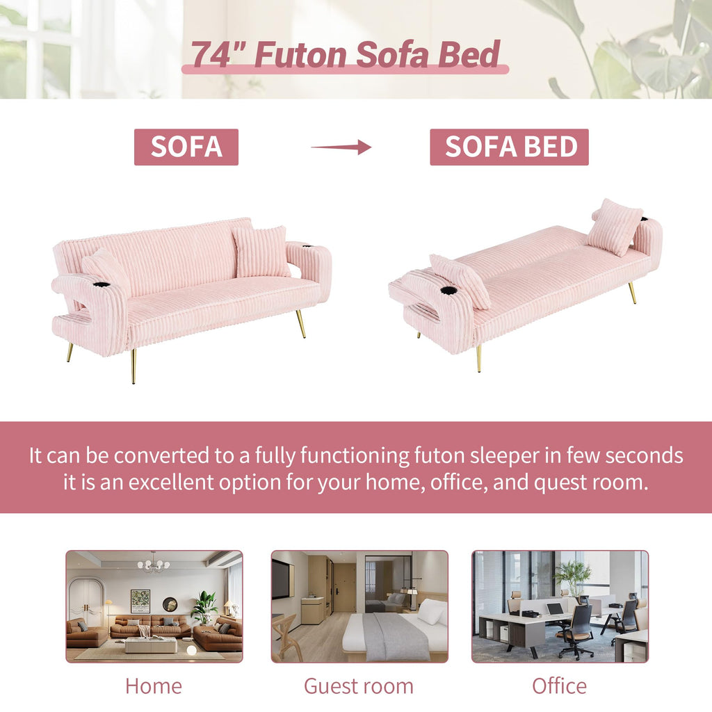 Pink Teddy Fabric Convertible Futon Sofa Bed D503563