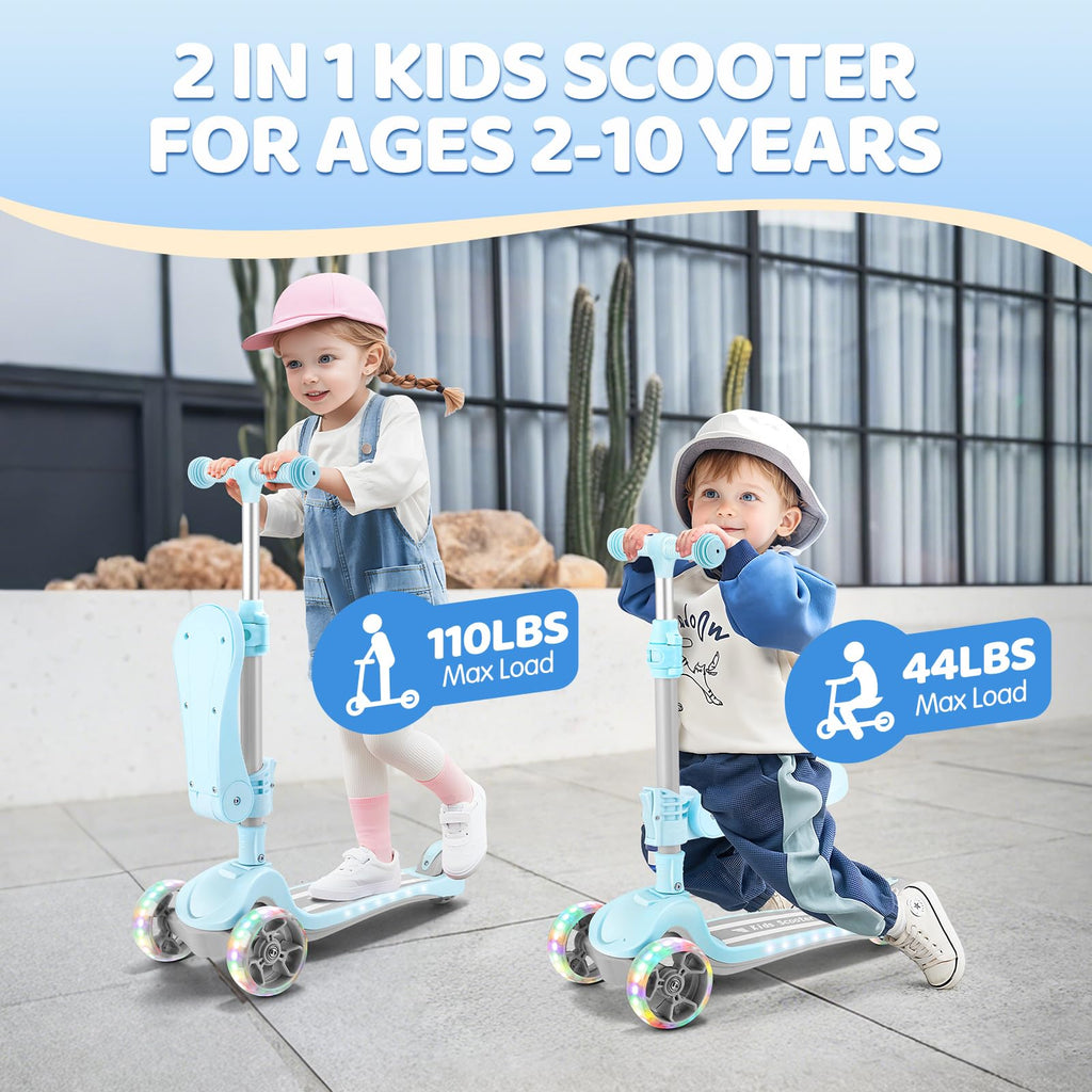 2 in 1 Kids Scooter with Seat, LED Light-Up Wheels, 4 Adjustable Heights D887